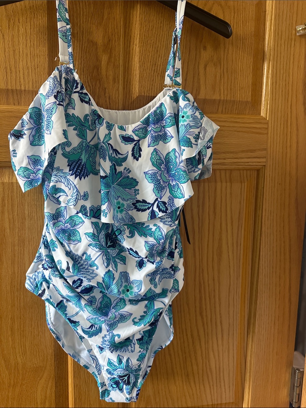 La Blanca White Floral One-Piece Swimsuit with Blue & Teal Print
